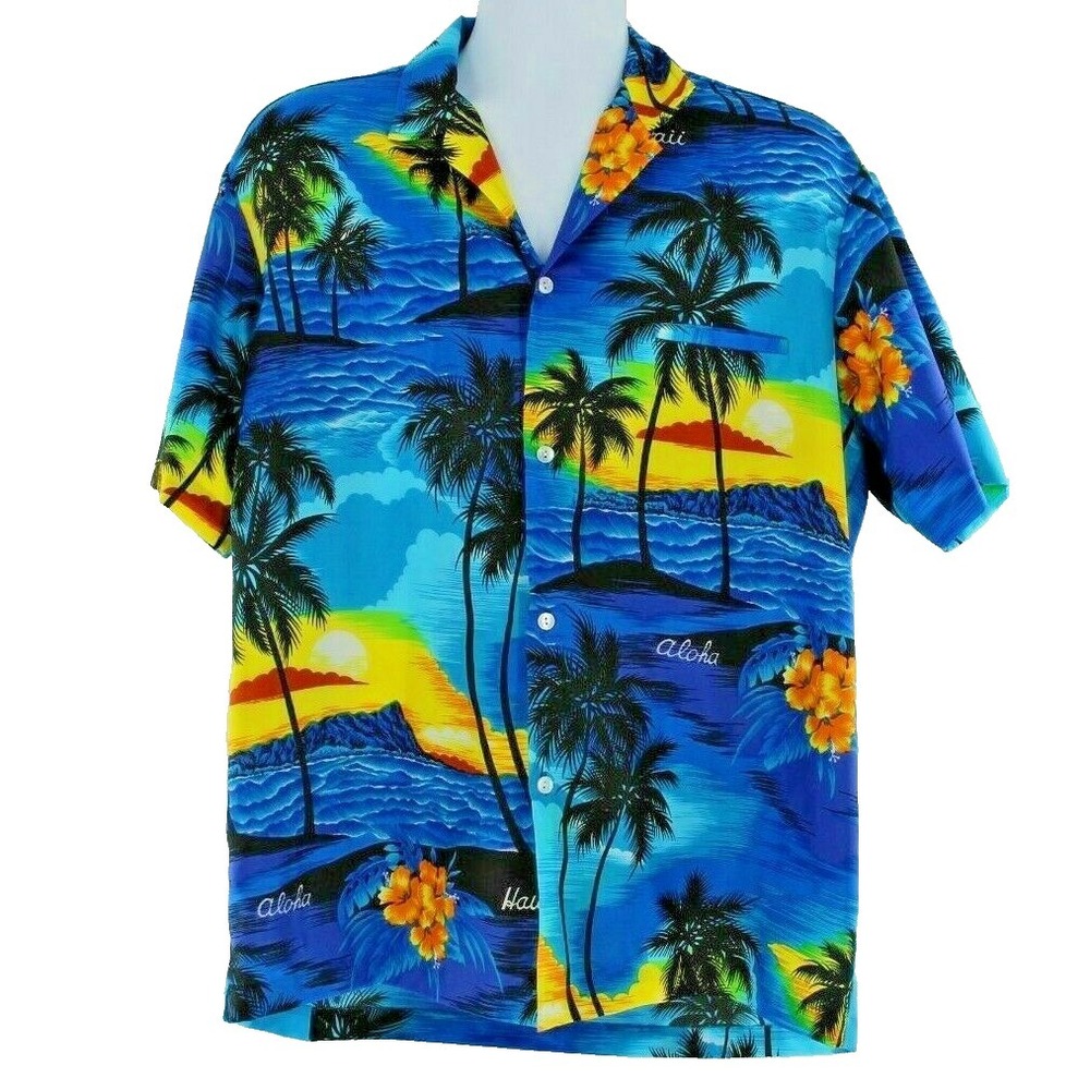Royal Creations Men's Large Hawaiian Shirt Blue Palm Trees Aloha